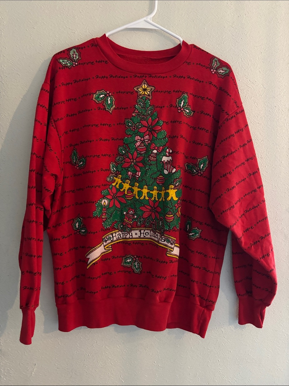 Vintage Red Holiday Crewneck Sweater with Christmas Tree Design